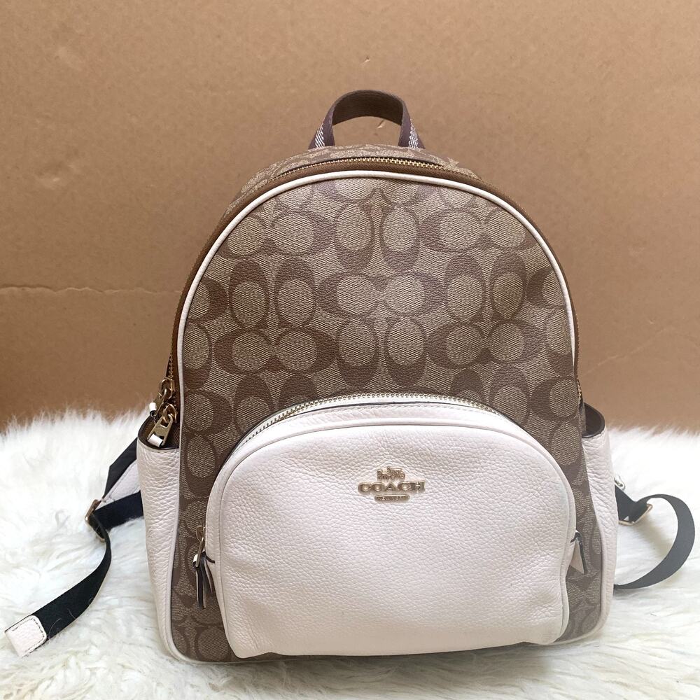 COACH Medium COURT Backpack Bag Brown Coated Signature Canvas Cream Trim #5671